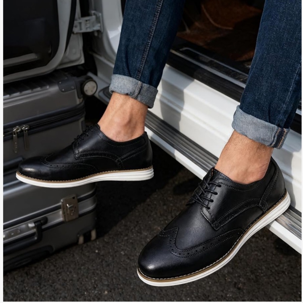 Vostey Black Leather Wingtip Casual Oxford Shoes black. Soft lightweight size 11